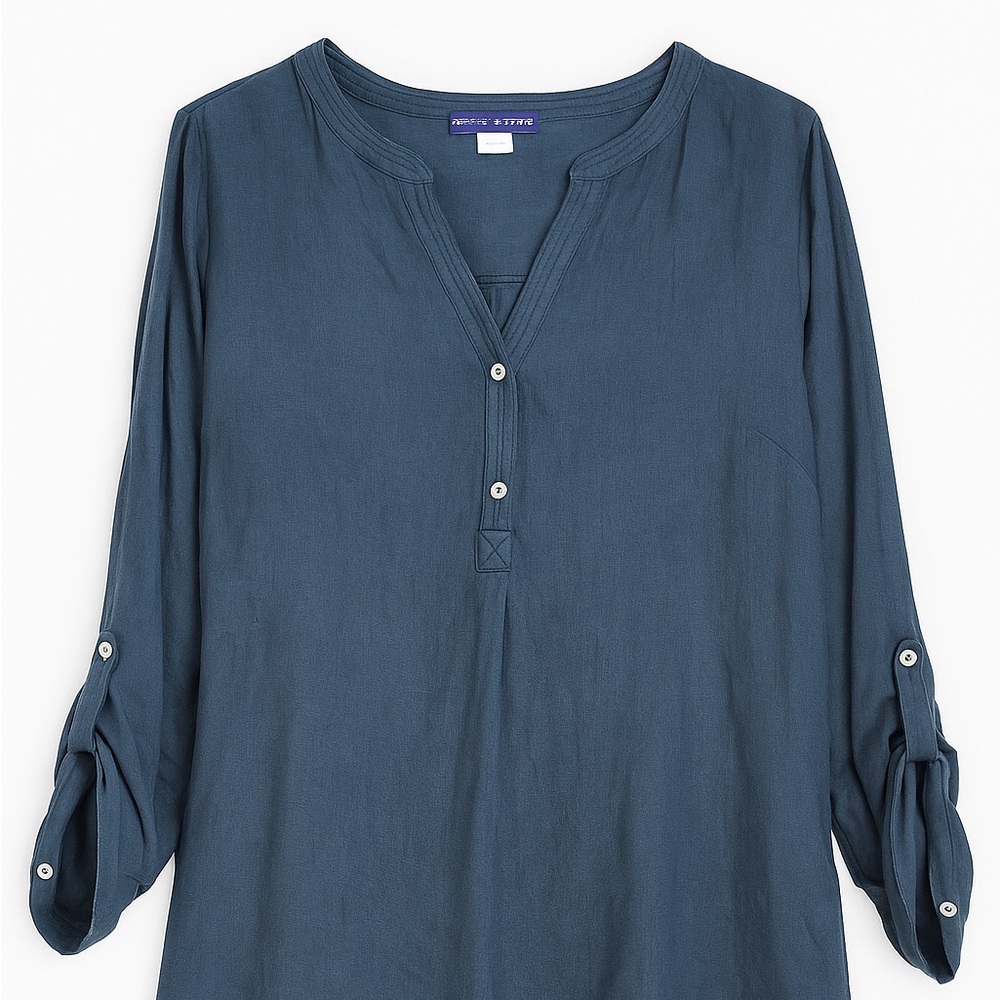 Simply Styled Slate Blue Roll-Tab Blouse – Size Large